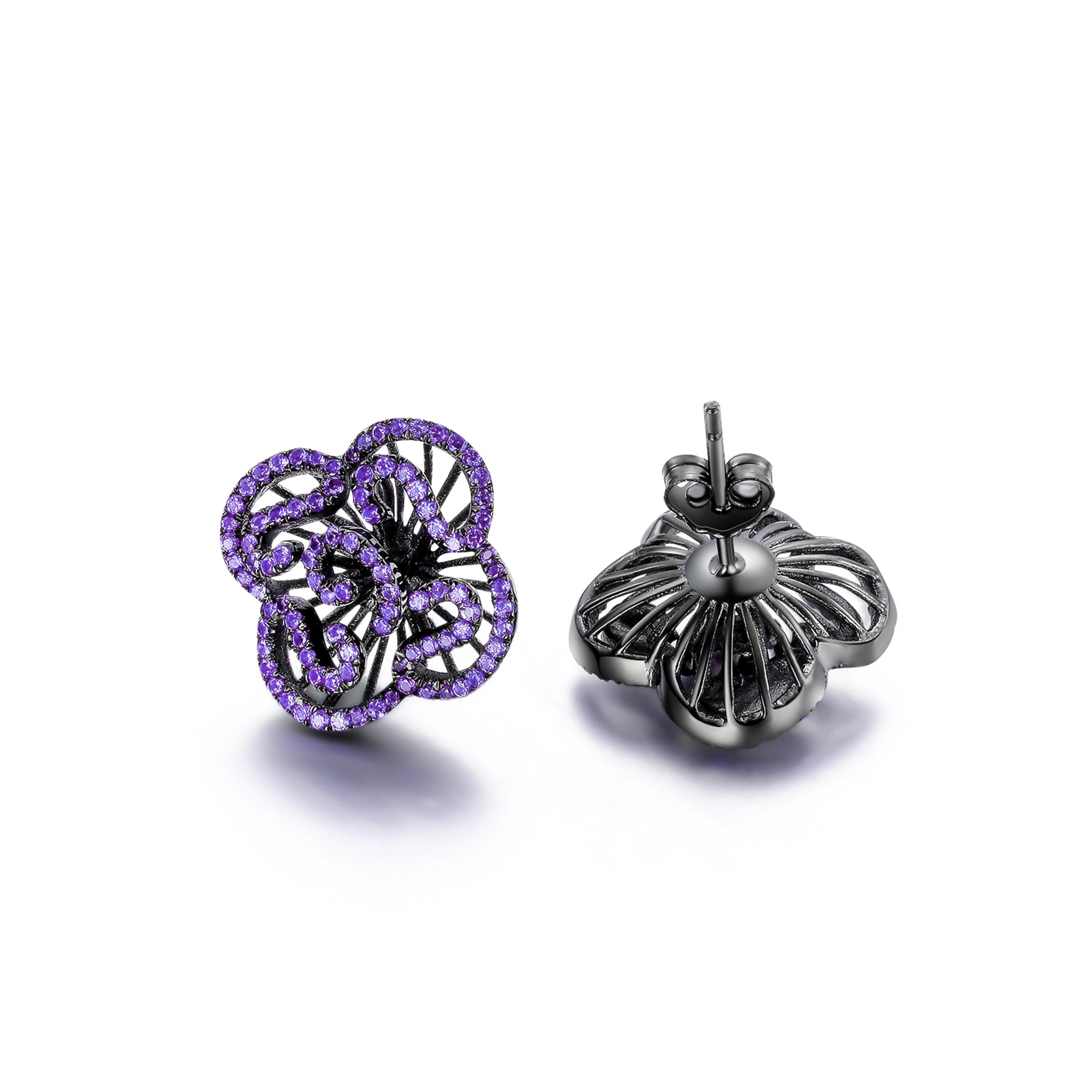 Contemporary Fei Liu Purple Cubic Zirconia Black Rhodium Plated Silver Pendant Earrings
