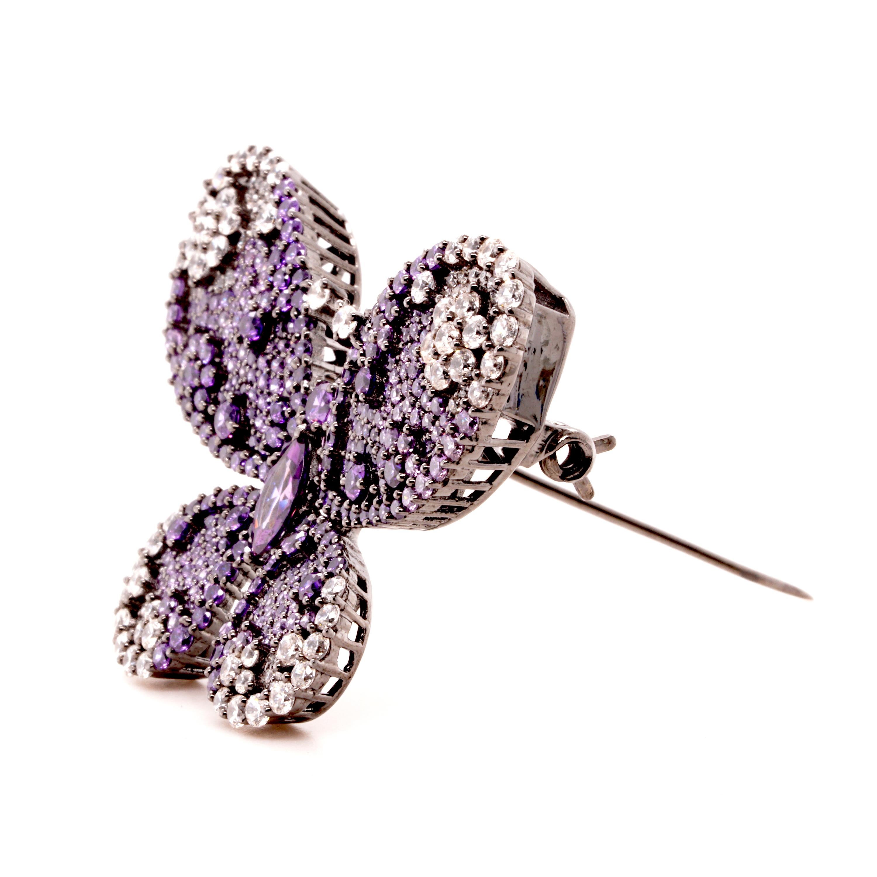 Contemporary Fei Liu Purple and White Cubic Zirconia Sterling Silver Silver Butterfly Brooch For Sale
