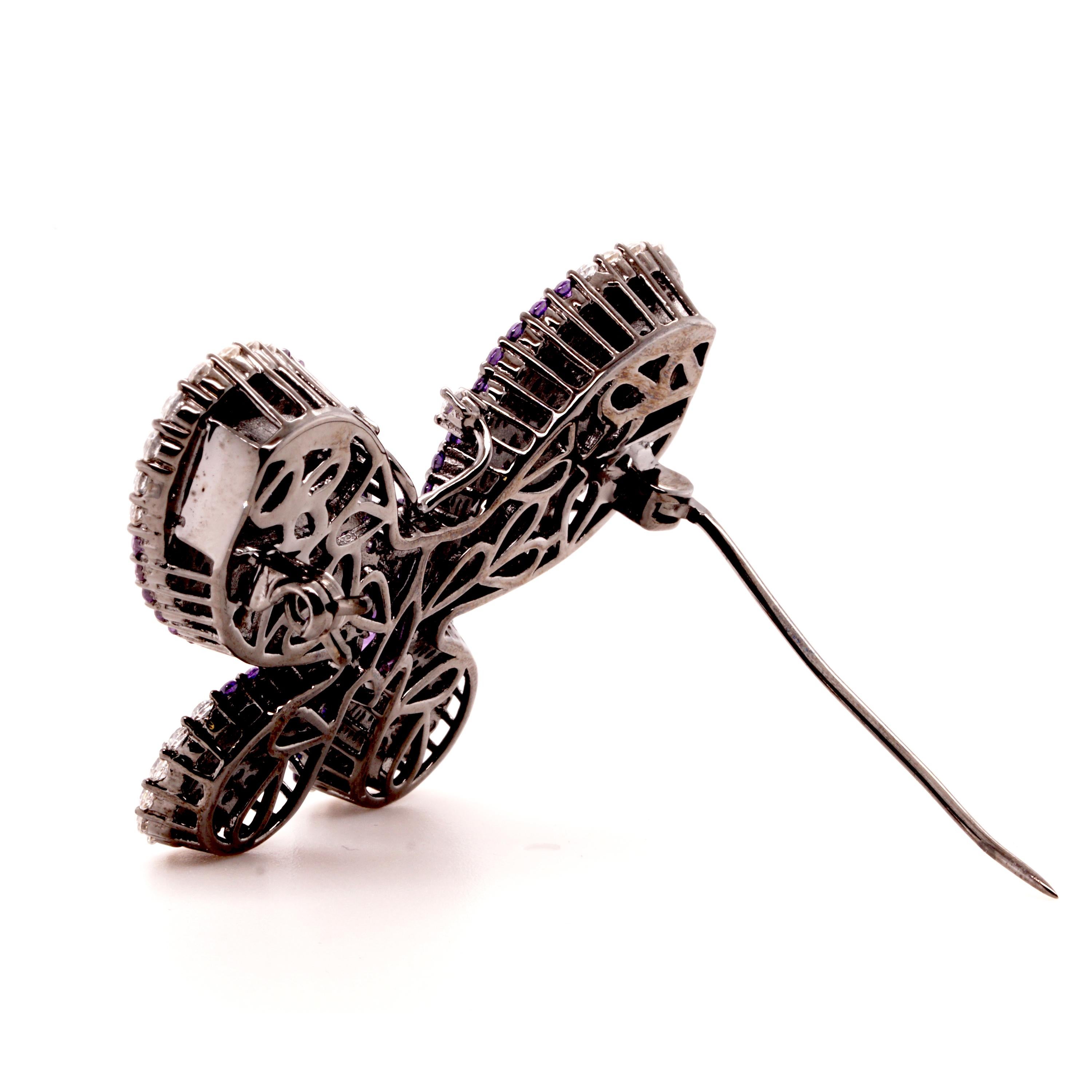 Mixed Cut Fei Liu Purple and White Cubic Zirconia Sterling Silver Silver Butterfly Brooch For Sale