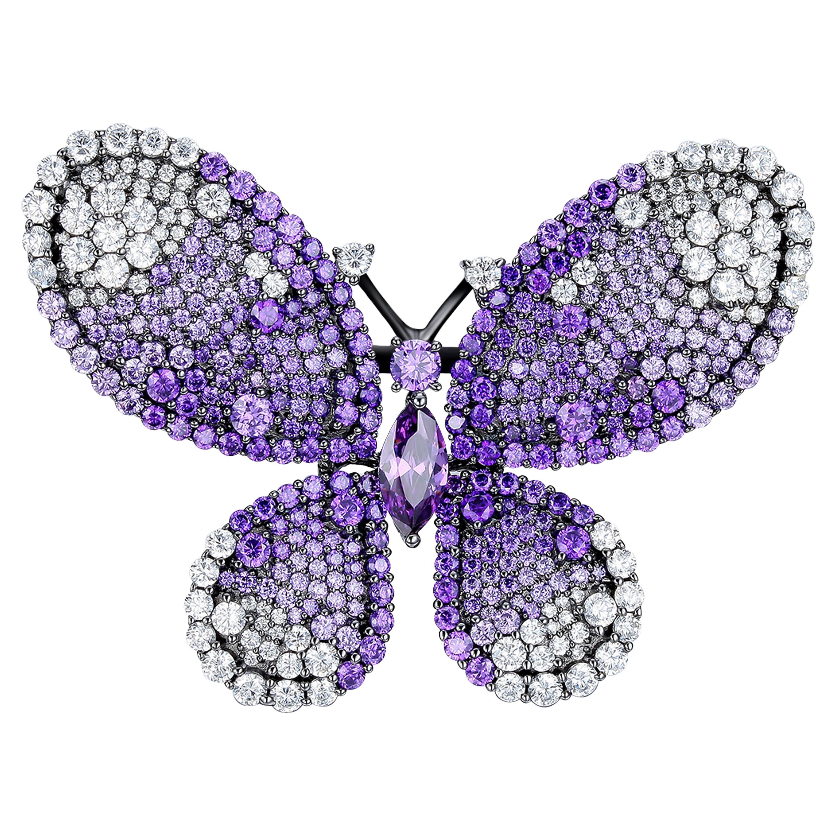 Fei Liu Purple and White Cubic Zirconia Sterling Silver Silver Butterfly Brooch For Sale