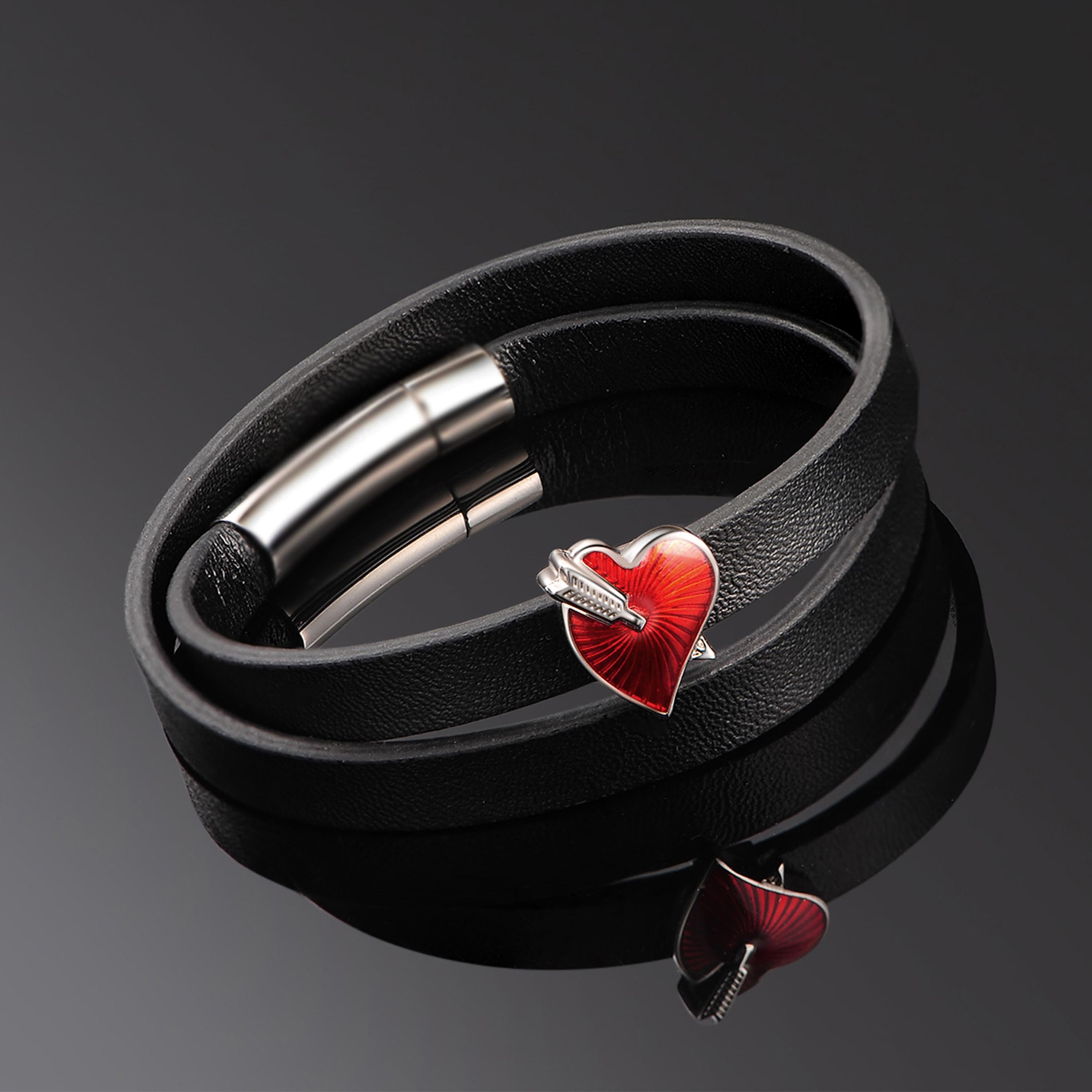Contemporary Fei Liu Red Enamel Heart Arrow Sterling Silver Faux Leather Bracelet