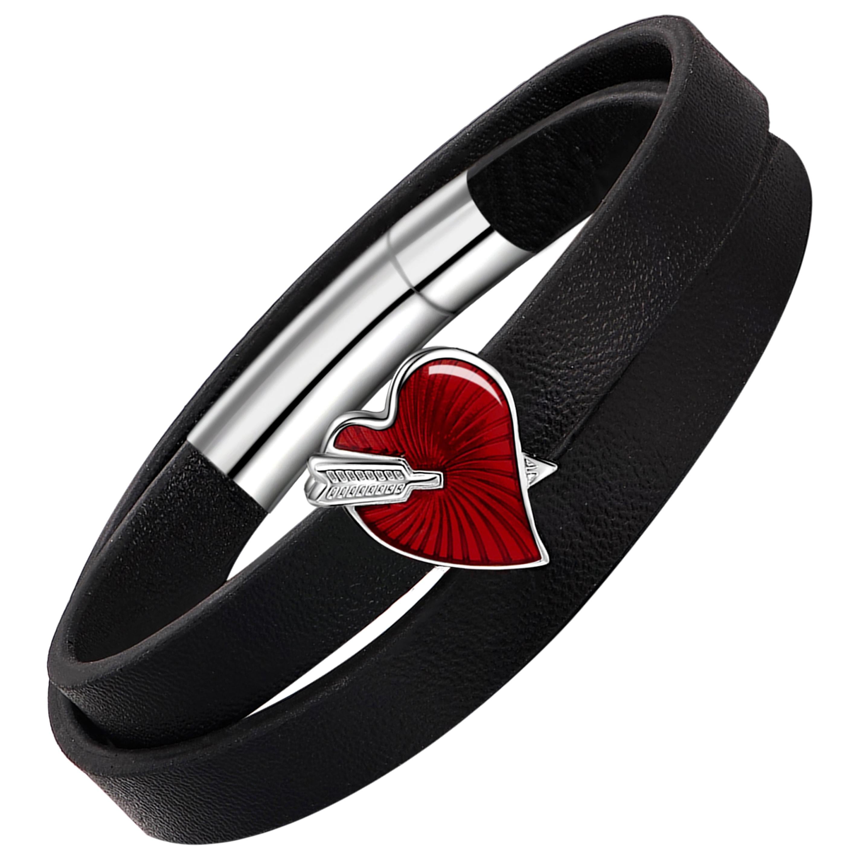 Fei Liu Red Enamel Heart Arrow Sterling Silver Faux Leather Bracelet