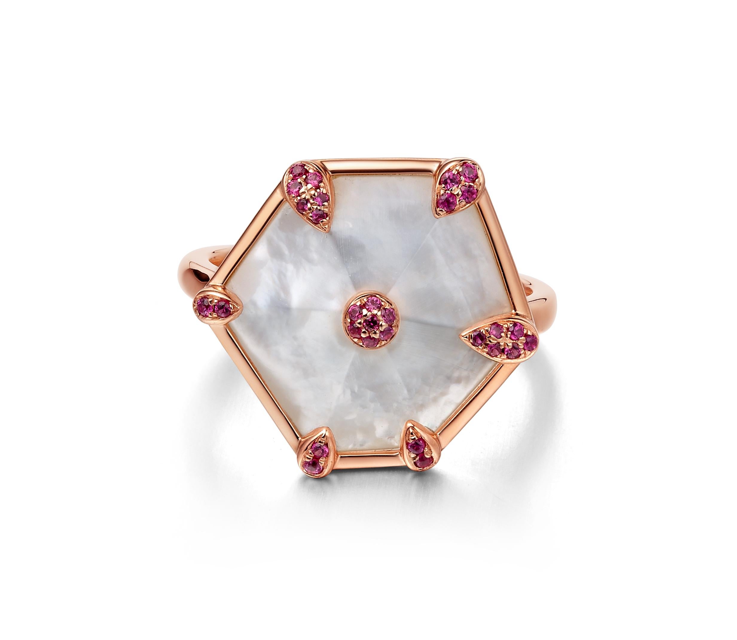 Description:
Nova hexagon ring with 0.086ct pink sapphires and 3.5ct mother of pearl, set in 18ct rose gold with a high polish.

Inspiration
The Nova Collection embodies the essence of freedom and having the courage to explore new adventures – much