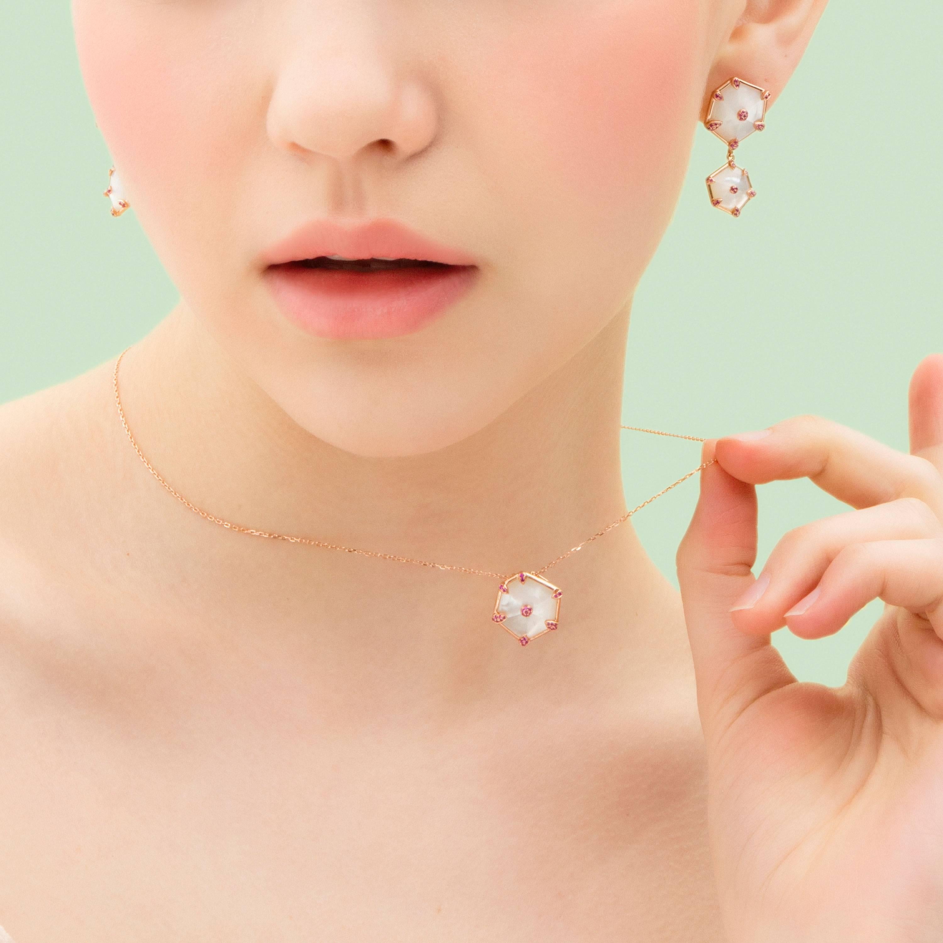 Contemporary Fei Liu Hexagon Mother of Pearl Pink Sapphire 18 Karat Rose Gold Drop Earrings