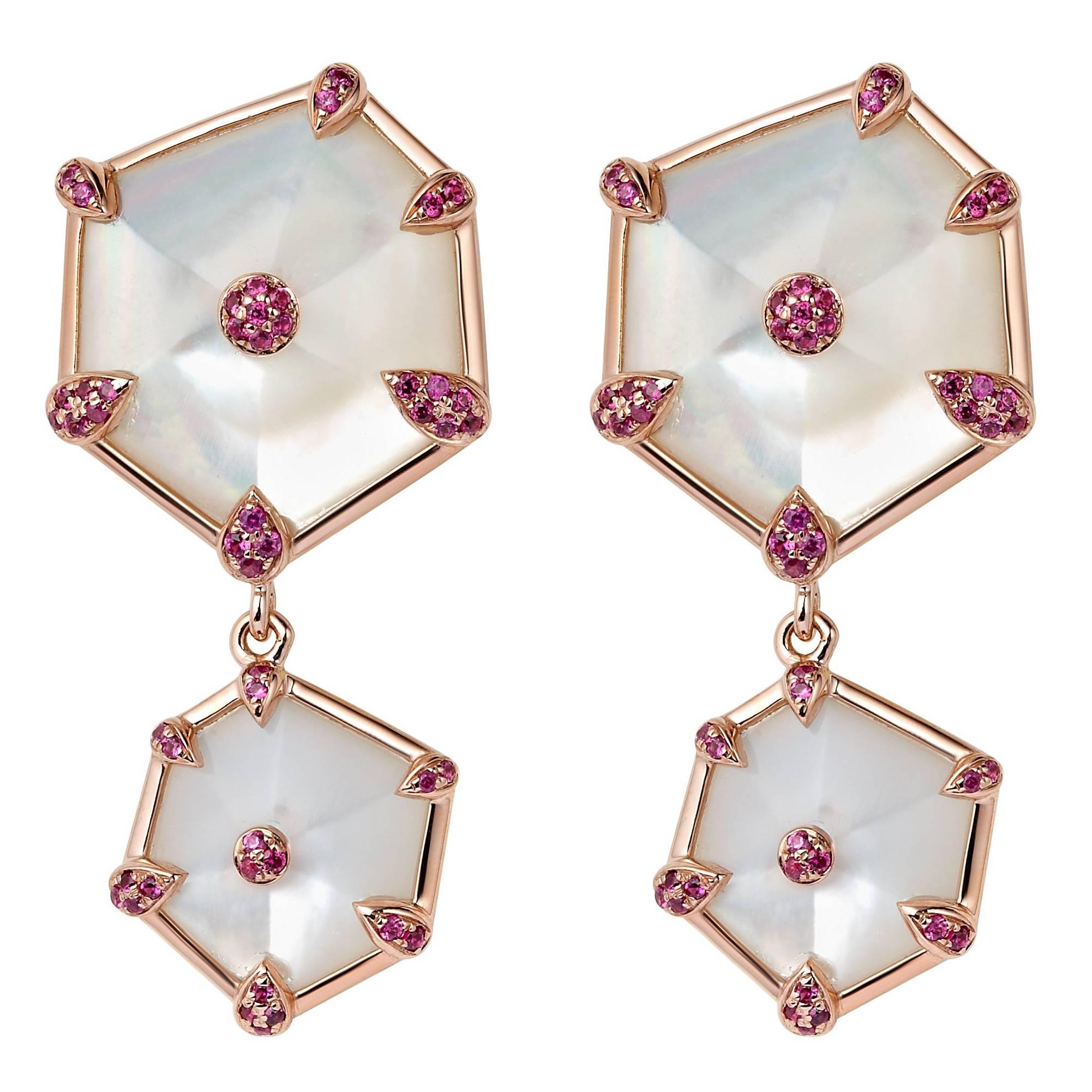 Fei Liu Hexagon Mother of Pearl Pink Sapphire 18 Karat Rose Gold Drop Earrings