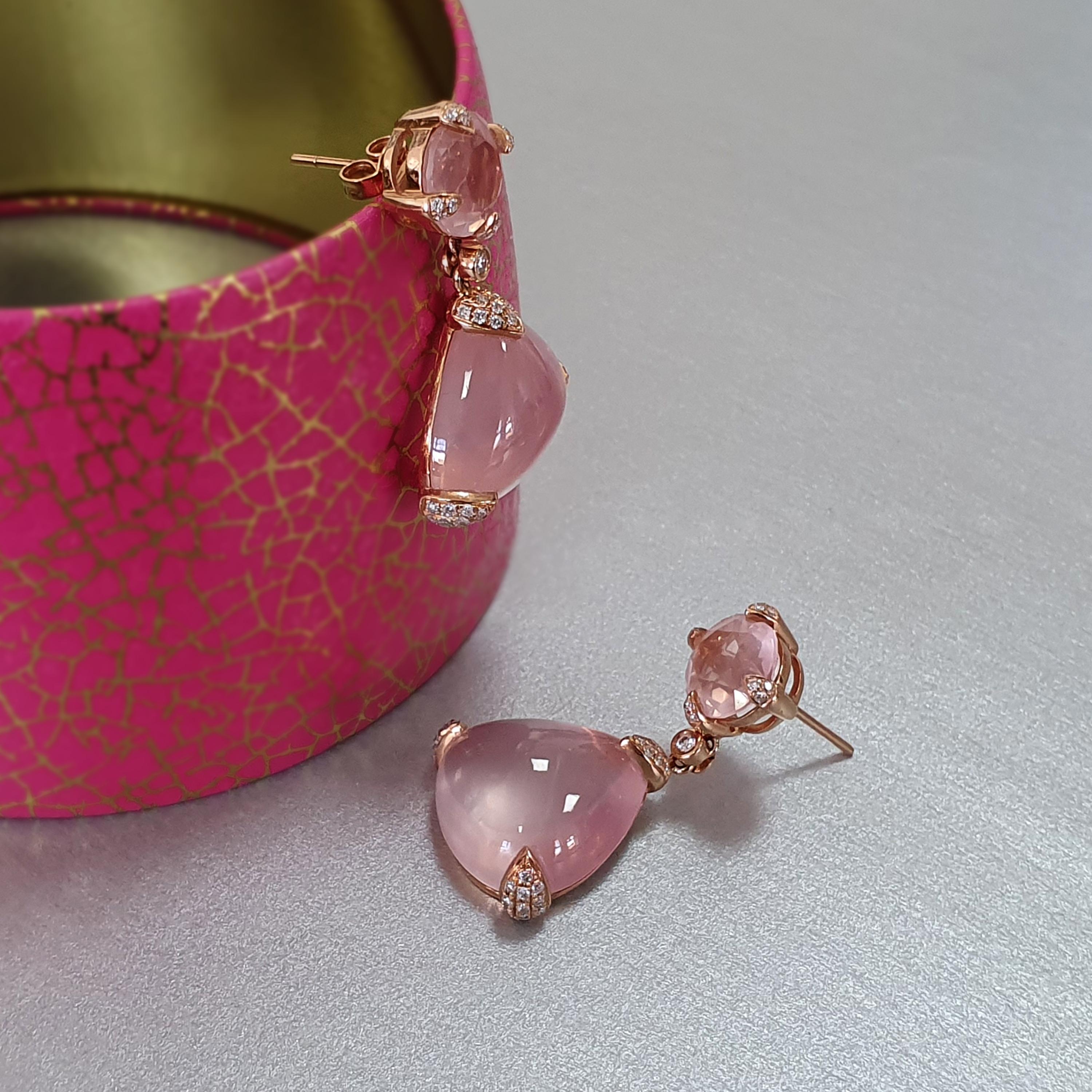 Contemporary Fei Liu Rose Quartz Diamond 18 Karat Rose Gold Drop Asymmetrical Earrings