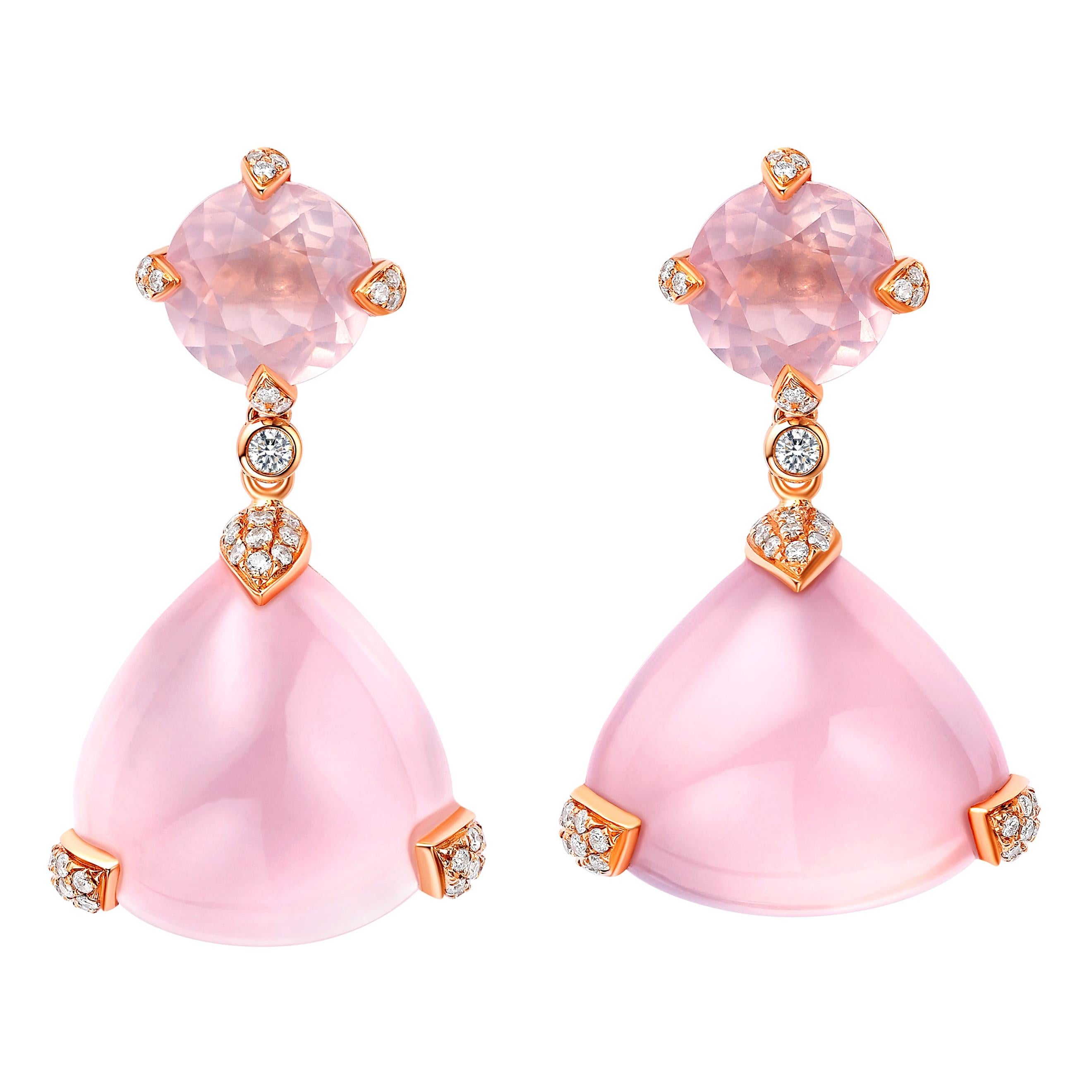 Fei Liu Rose Quartz Diamond 18 Karat Rose Gold Drop Asymmetrical Earrings