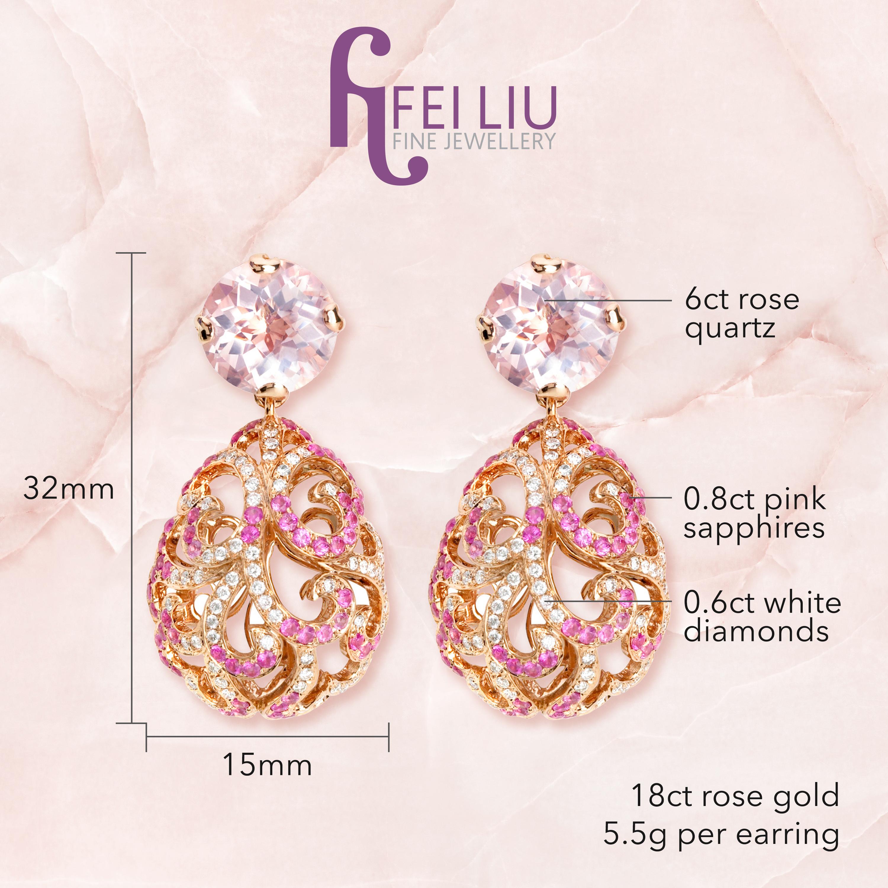 Description:
Whispering rose quartz drop earrings with 6ct rose quartz, 0.6ct white diamonds and 0.8ct pink sapphires, set in 18ct rose gold.

Inspiration:
Emulating femininity and glamour, the Whispering collection is full of colour and form.