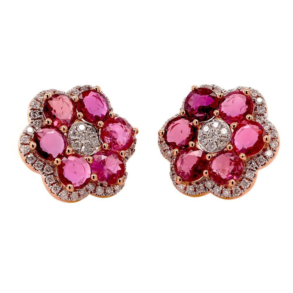 Contemporary Fei Liu Ruby Diamond 18 Karat Rose Gold Flower Stud Earrings