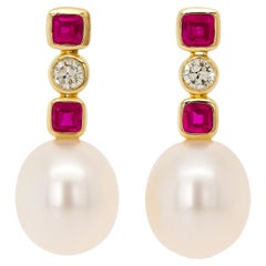 Fei Liu Pendientes de Gota de Oro de 14 Kilates con Rubí, Diamante y Perla