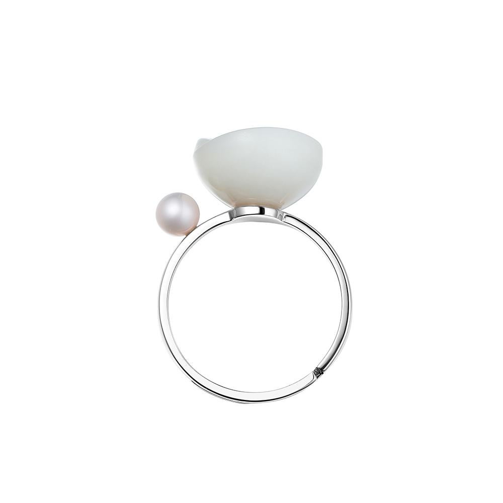 Contemporary Fei Liu Russian Nephrite Diamond Pearl 14 Karat White Gold Adjustable Ring