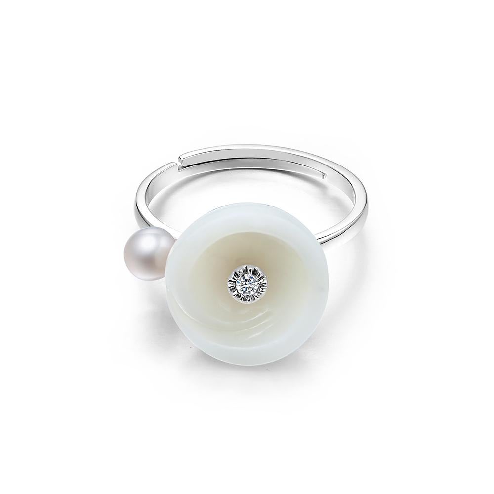 Mixed Cut Fei Liu Russian Nephrite Diamond Pearl 14 Karat White Gold Adjustable Ring