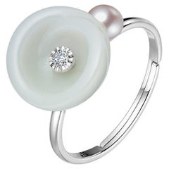 Fei Liu Russian Nephrite Diamond Pearl 14 Karat White Gold Adjustable Ring