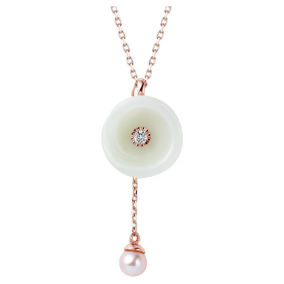 Fei Liu Russian Nephrite Diamond Pearl 14 Karat Rose Gold Pendant Necklace