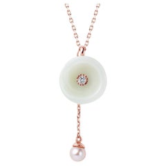 Fei Liu Russian Nephrite Diamond Pearl 14 Karat Rose Gold Pendant Necklace