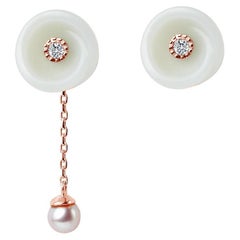 Fei Liu Russian Nephrite Diamond Pearl 14 Karat Rose Gold Two-Piece Earrings