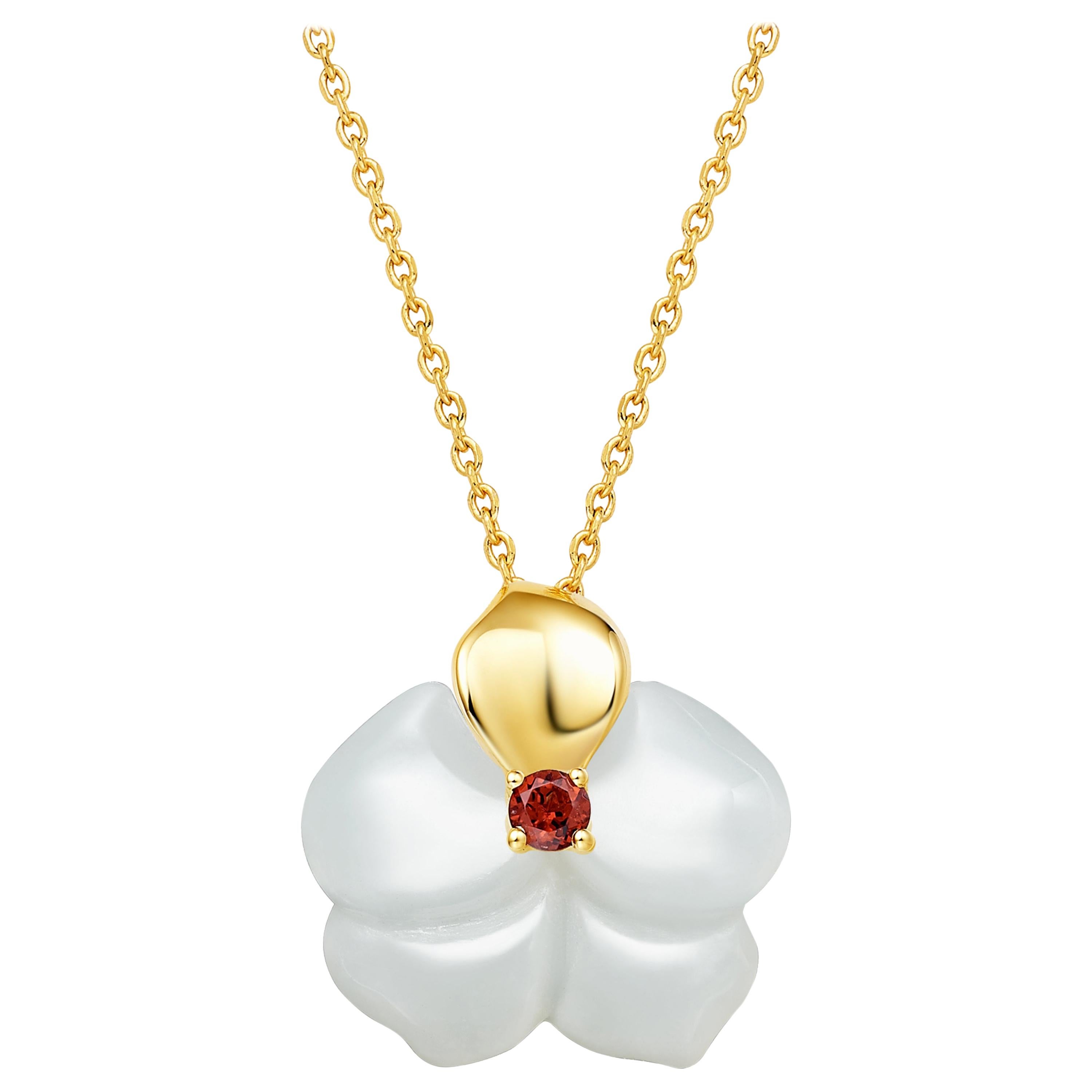 Fei Liu Russian Nephrite Orchid Garnet 14 Carat Yellow Gold Pendant Necklace For Sale