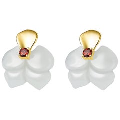 Fei Liu Russian Nephrite Orchid Garnet 14 Karat Yellow Gold Stud Earrings