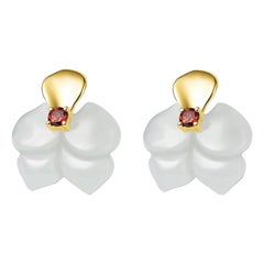 Fei Liu Russian Nephrite Orchid Garnet 14 Karat Yellow Gold Stud Earrings