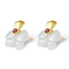 Fei Liu Russian Nephrite Orchid Garnet 14 Carat Yellow Gold Stud Earrings