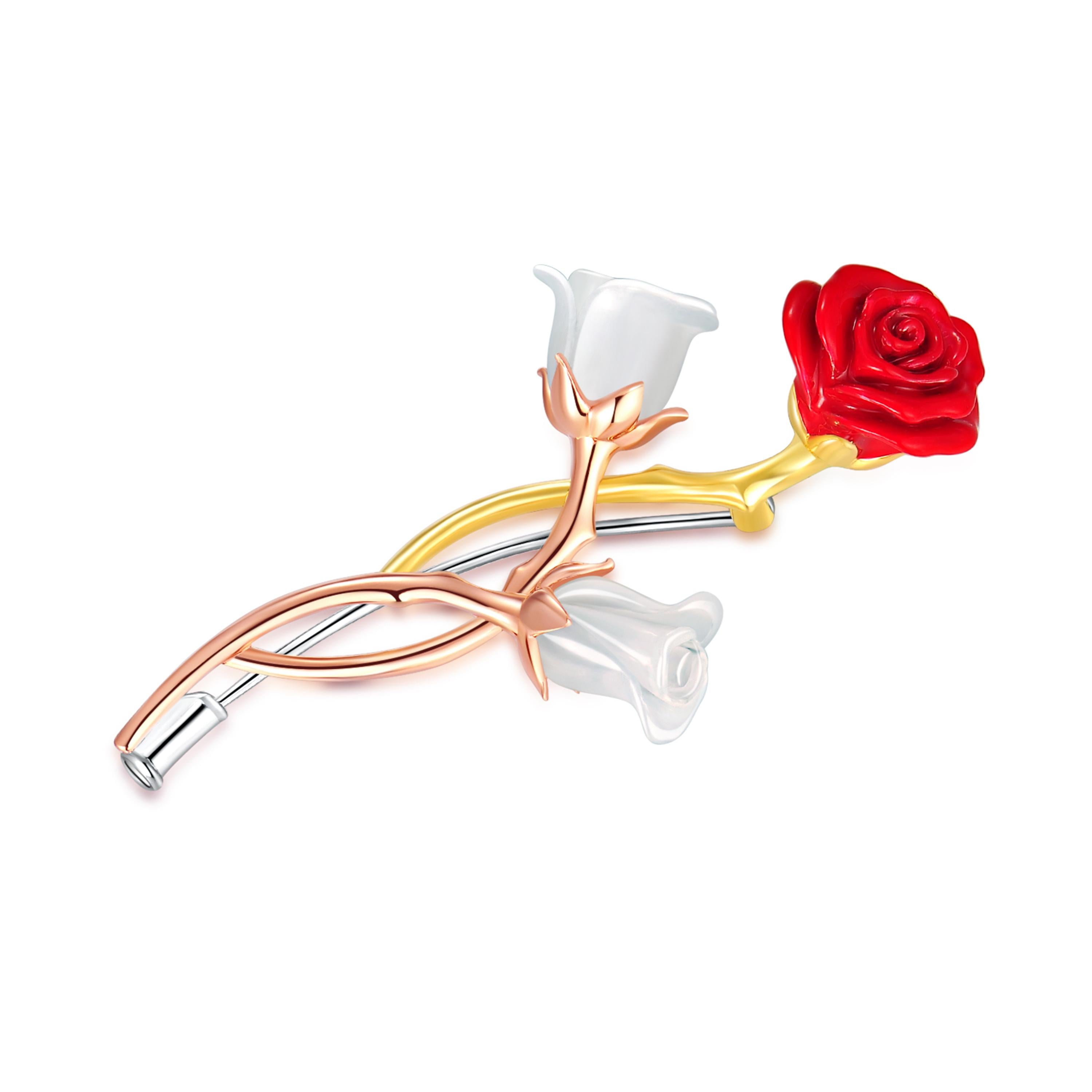 Description:
Blossom with the sweet winter roses wearing the three colour 18ct gold Rose bunches brooch set with two hand cut white nephrite roses and a luscious red enamel rose.

A little bit more about nephrite:
Nephrite is a form of jade which is