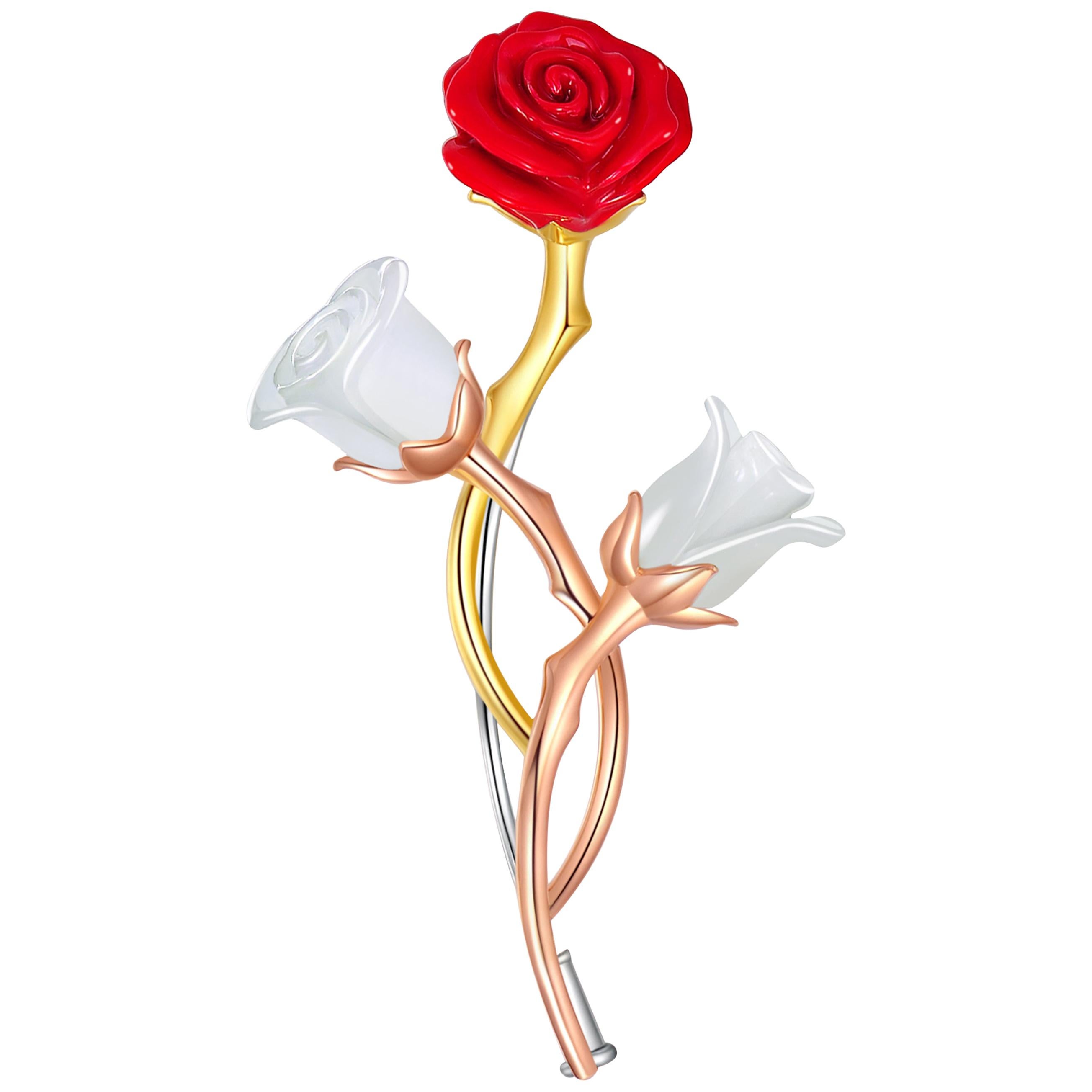 Fei Liu Russian Nephrite Red Enamel 18 Karat Rose Yellow White Gold Rose Brooch