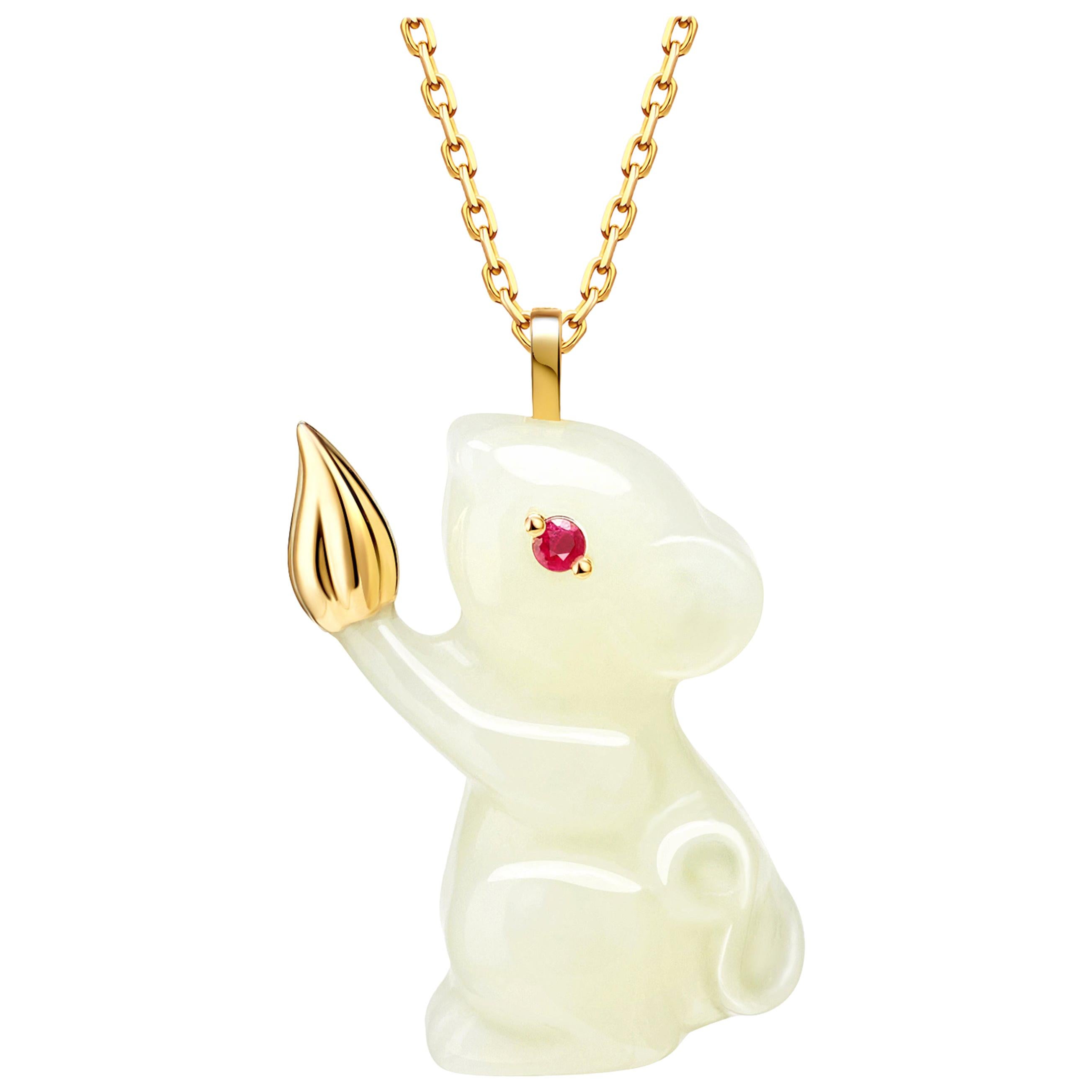 Fei Liu Russian Nephrite Ruby 18 Karat Yellow Gold Mouse Pendant Necklace