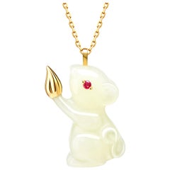 Fei Liu Russian Nephrite Ruby 18 Karat Yellow Gold Mouse Pendant Necklace