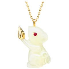 Fei Liu Russian Nephrite Ruby 18 Karat Yellow Gold Mouse Pendant Necklace