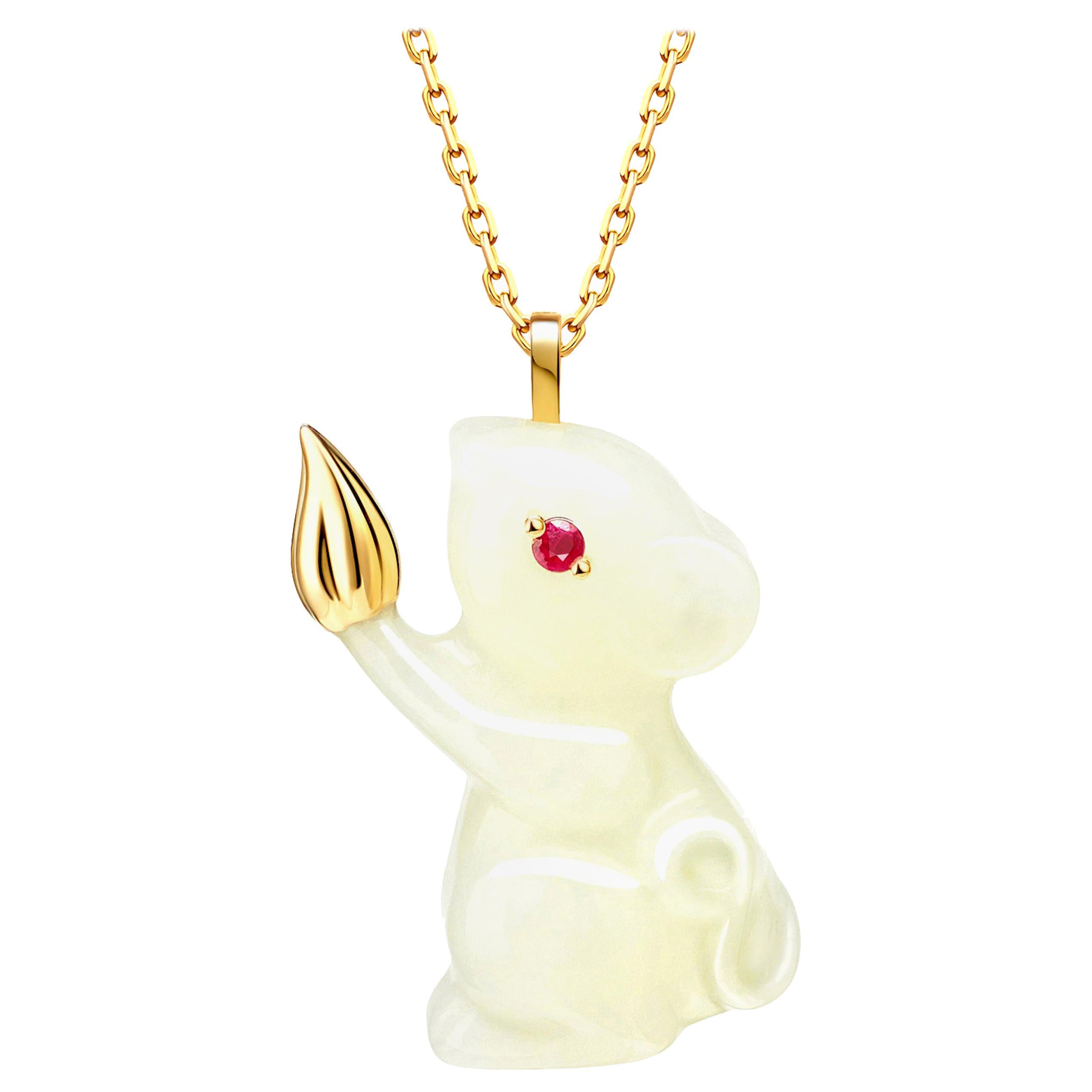 Fei Liu Russian Nephrite Ruby 18 Karat Yellow Gold Mouse Pendant Necklace