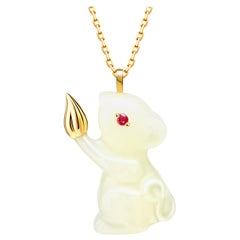 Fei Liu Russian Nephrite Ruby 18 Karat Yellow Gold Mouse Pendant Necklace