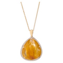 Rutilated Quartz Diamond 18 Karat Yellow Gold Asymmetric Pendant Necklace