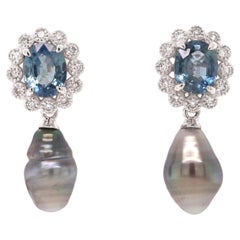 Fei Liu Pendientes Gota Pequeña Zafiro, Diamante y Perla Gris Platino