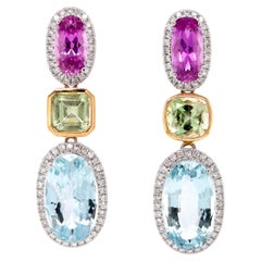 Fei Liu Sapphire Tourmaline Aquamarine Diamond 18 Karat White Gold Drop Earrings