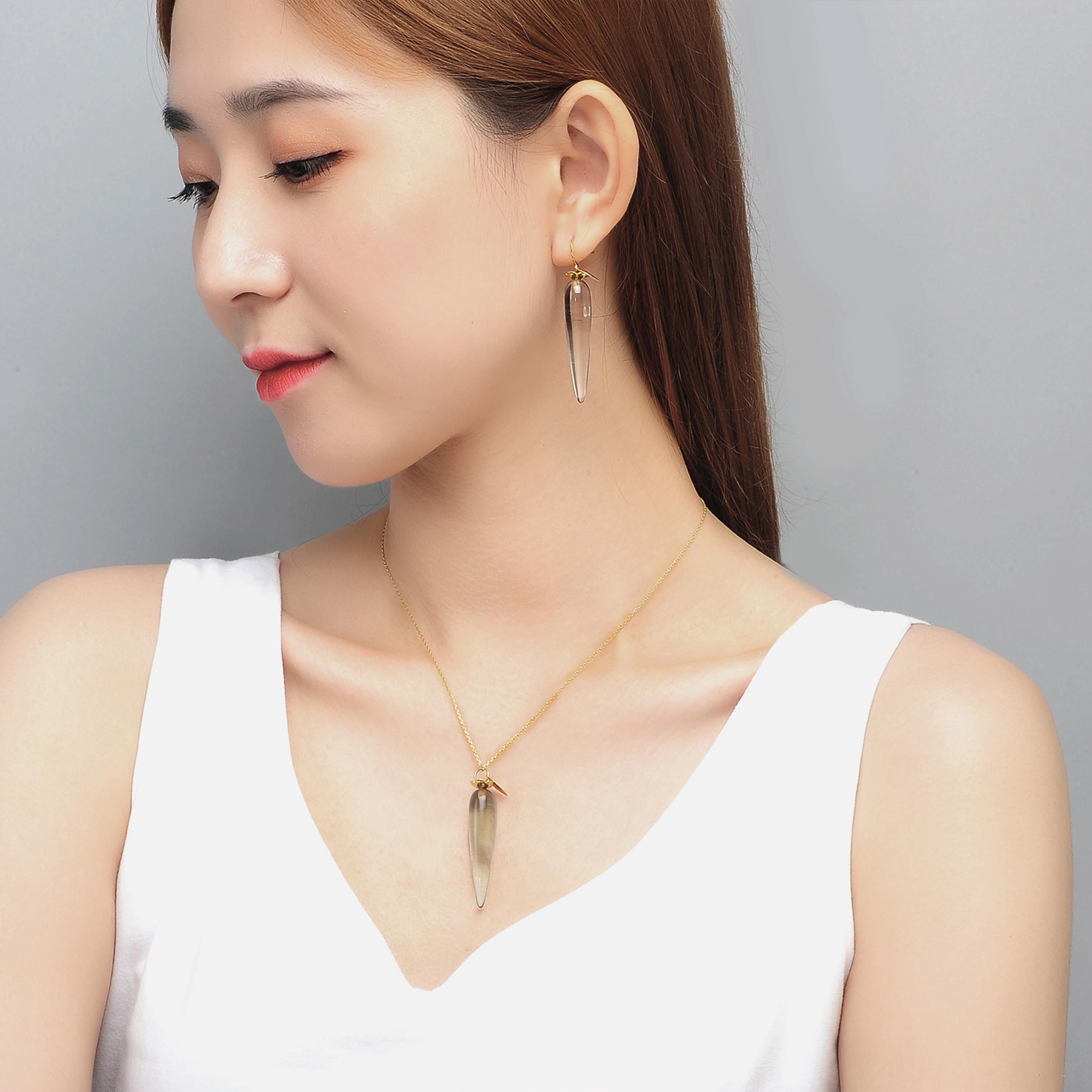 Cabochon Fei Liu Smoky Quartz 18 Karat Gold Plated Sterling Silver Earrings and Pendant For Sale