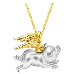 Fei Liu Solid Silver Pig Yellow Gold Plated Wings Necklace Red Cord Bracelet