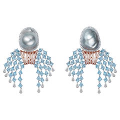 Fei Liu South Sea Pearl Diamond Topaz Two-Tone 18K Gold Stud Chandelier Earrings