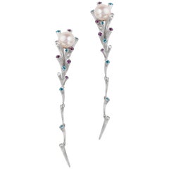 Fei Liu South Sea Pearl Topaz Amethyst Diamond 18 Karat White Gold Long Earrings