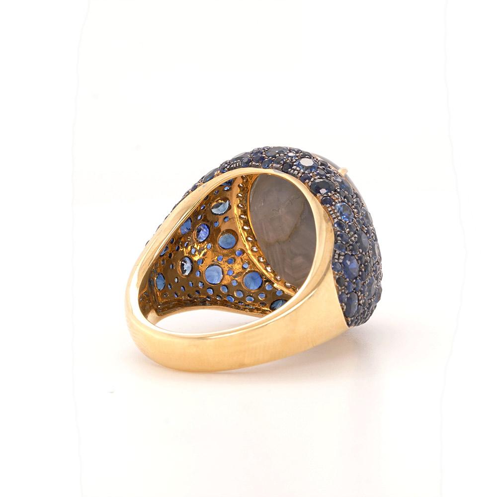 Contemporary Fei Liu Star Sapphire, Diamond and Sapphire 18 Carat Yellow Gold Cocktail Ring