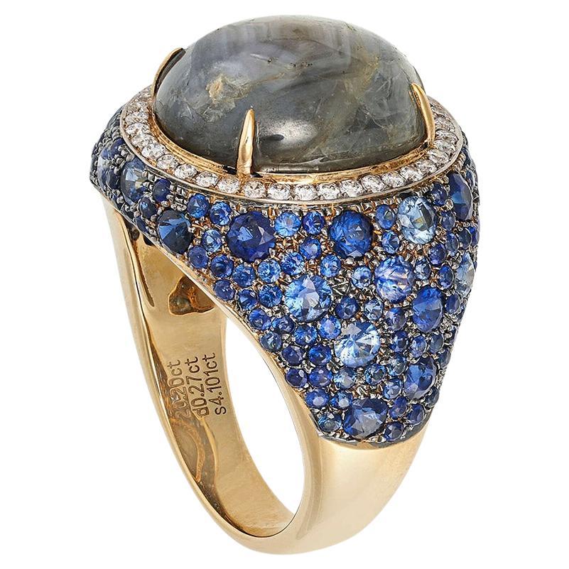 Fei Liu Star Sapphire, Diamond and Sapphire 18 Carat Yellow Gold Cocktail Ring For Sale