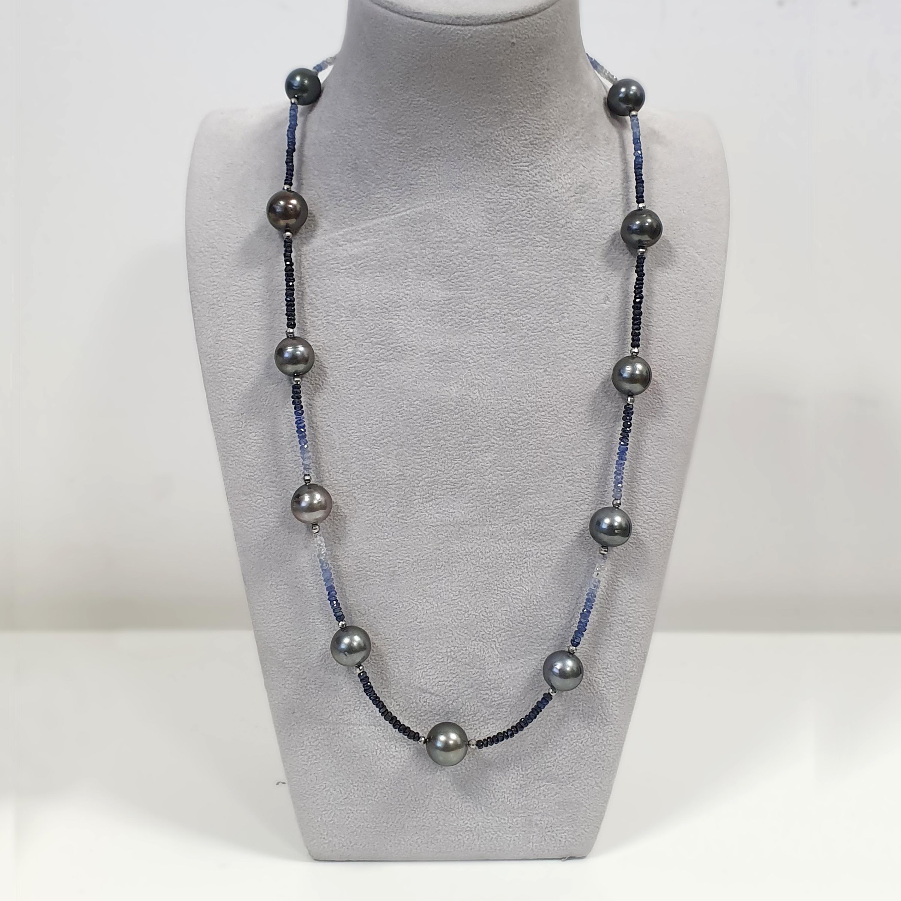 Fei liu Tahitian Pearl Blue Sapphire Silver Beaded Necklace In New Condition In Birmingham, GB