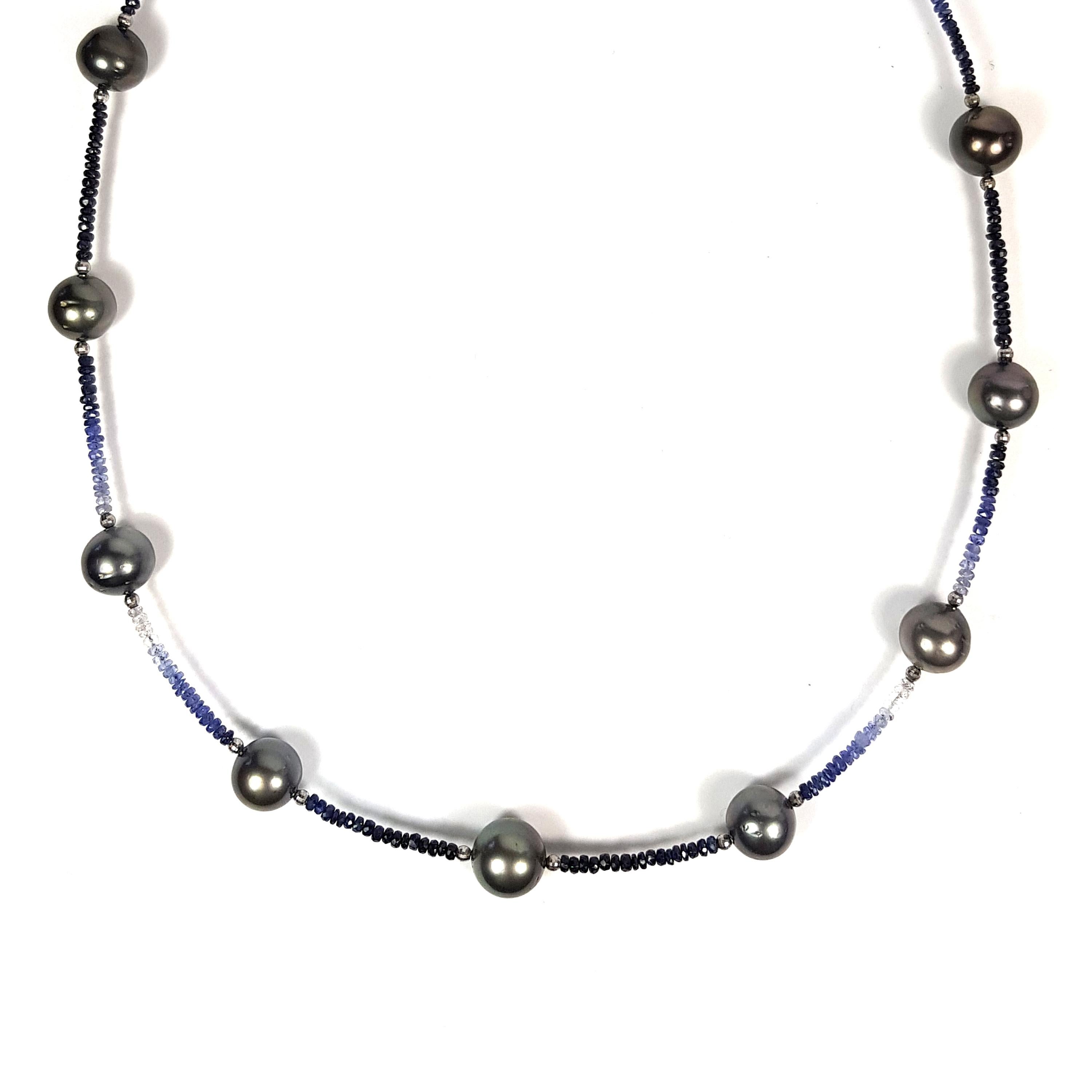 Round Cut Fei liu Tahitian Pearl Blue Sapphire Silver Beaded Necklace