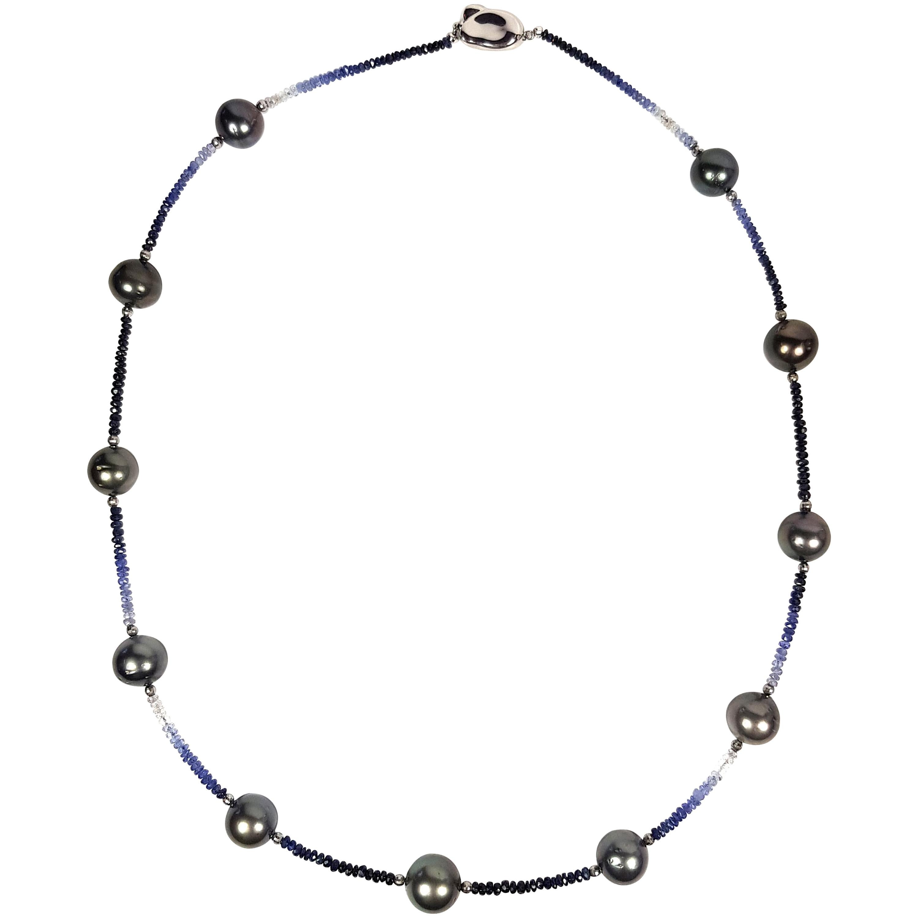 Fei liu Tahitian Pearl Blue Sapphire Silver Beaded Necklace