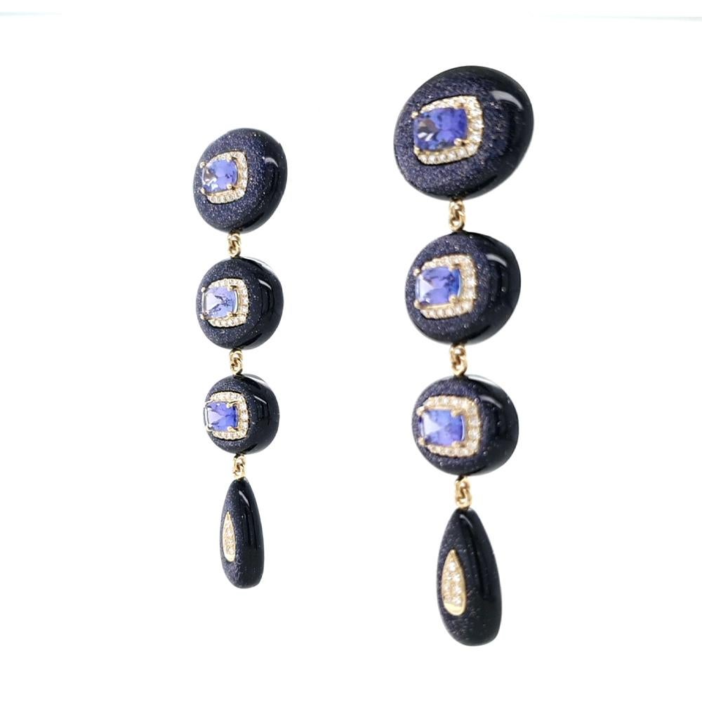 Contemporary Fei Liu Tanzanite, Diamond and Blue Goldstone 18K Gold Graduated Long Earrings For Sale