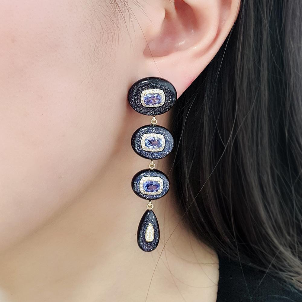 Mixed Cut Fei Liu Tanzanite, Diamond and Blue Goldstone 18K Gold Graduated Long Earrings For Sale