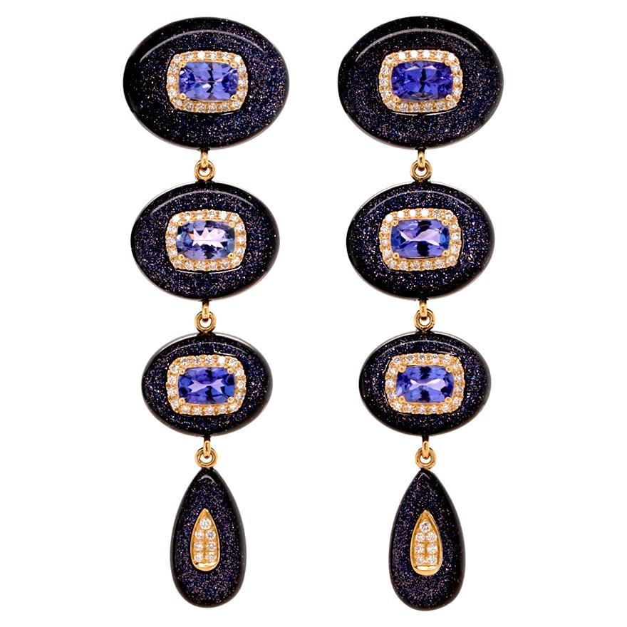 Fei Liu Tanzanite, Diamond and Blue Goldstone 18K Gold Graduated Long Earrings