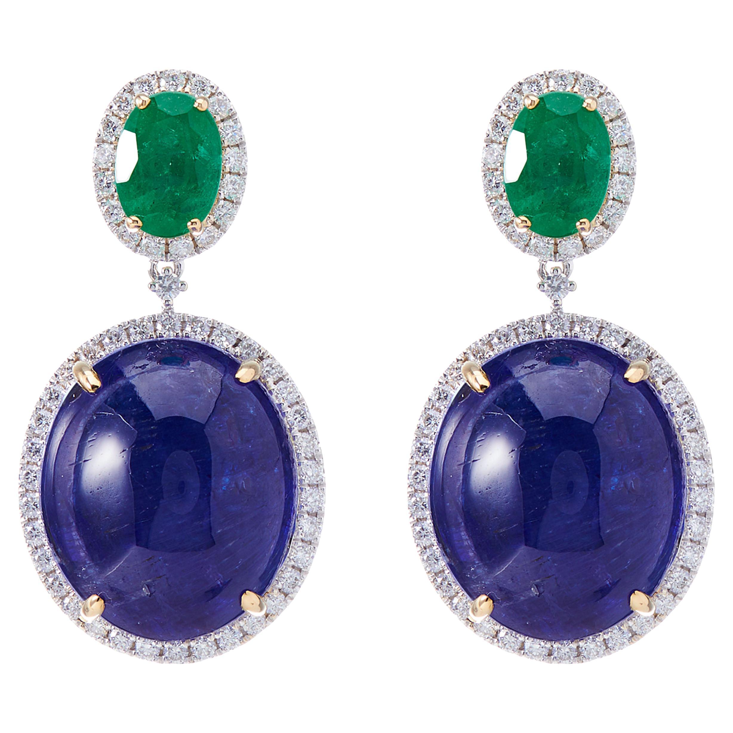 Fei Liu Tanzanite Emerald Diamond 18 Karat White Gold Drop Earrings