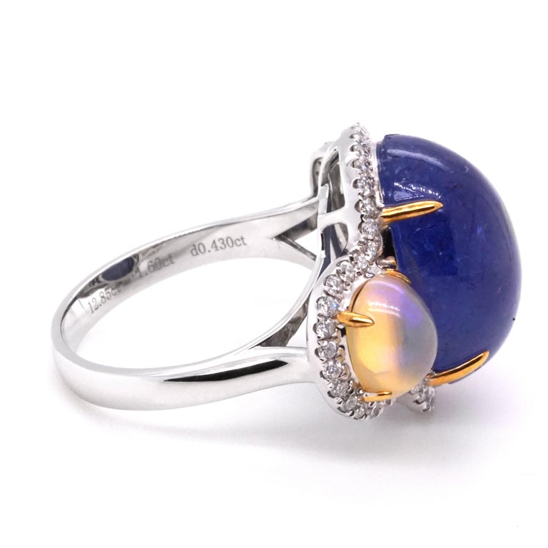 Contemporary Fei Liu Tanzanite Opal Diamond 18 Karat White Gold Trilogy Ring For Sale