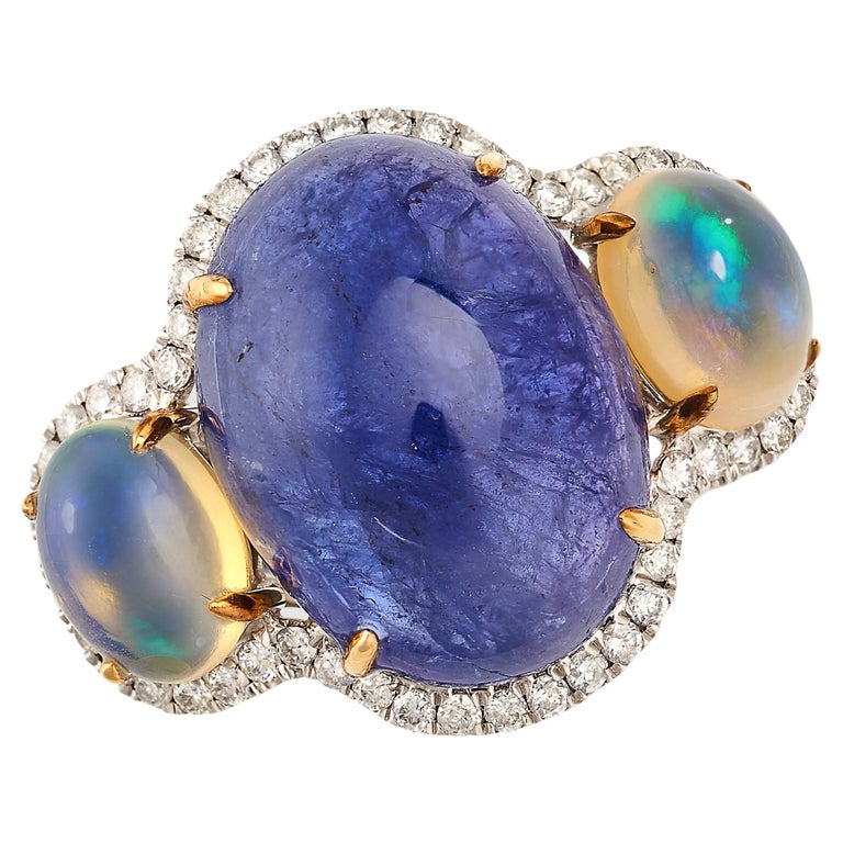 Fei Liu Tanzanite Opal Diamond 18 Karat White Gold Trilogy Ring For Sale