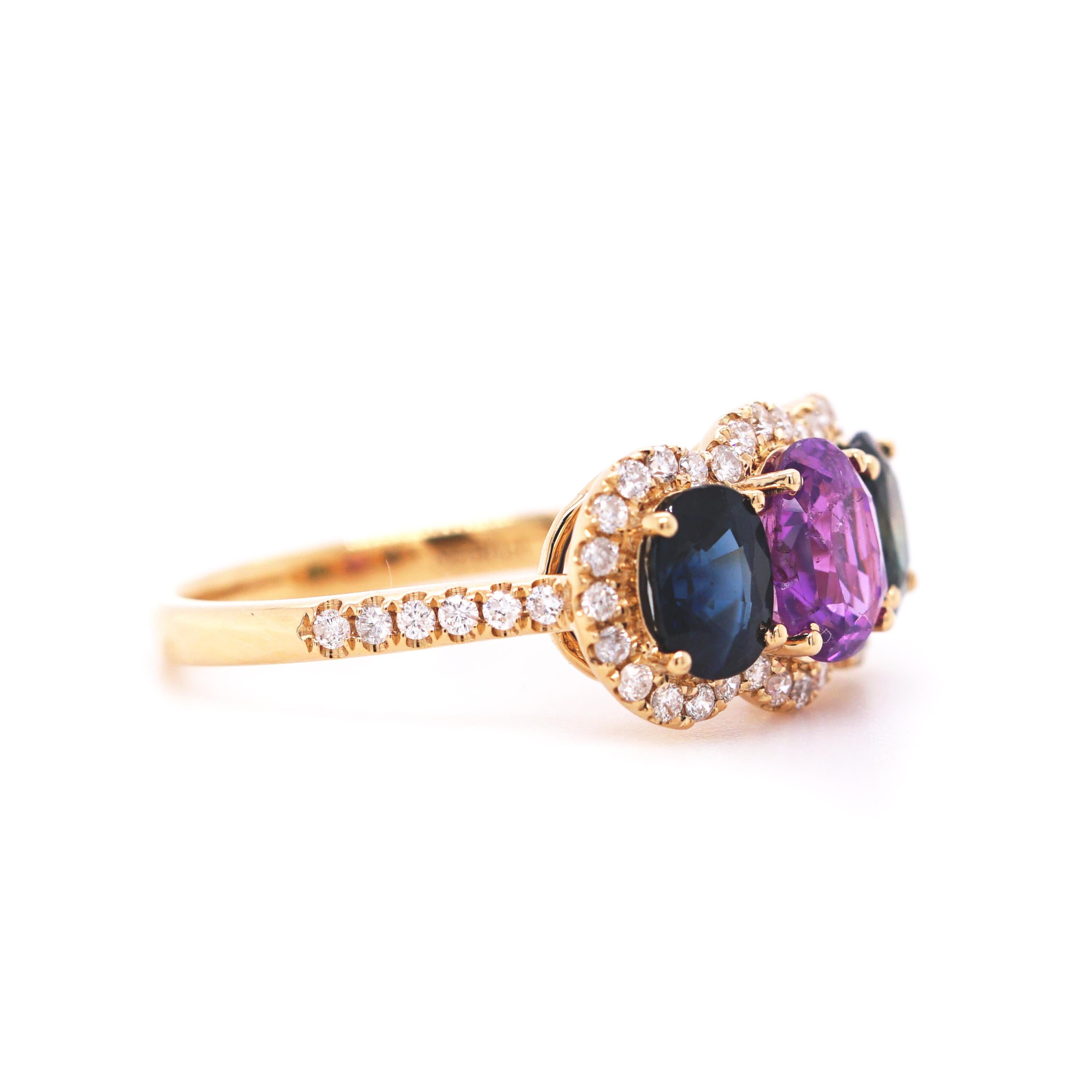 Contemporary Fei Liu Three Stone Multicolor Sapphire 18 Karat Rose Gold Trilogy Ring